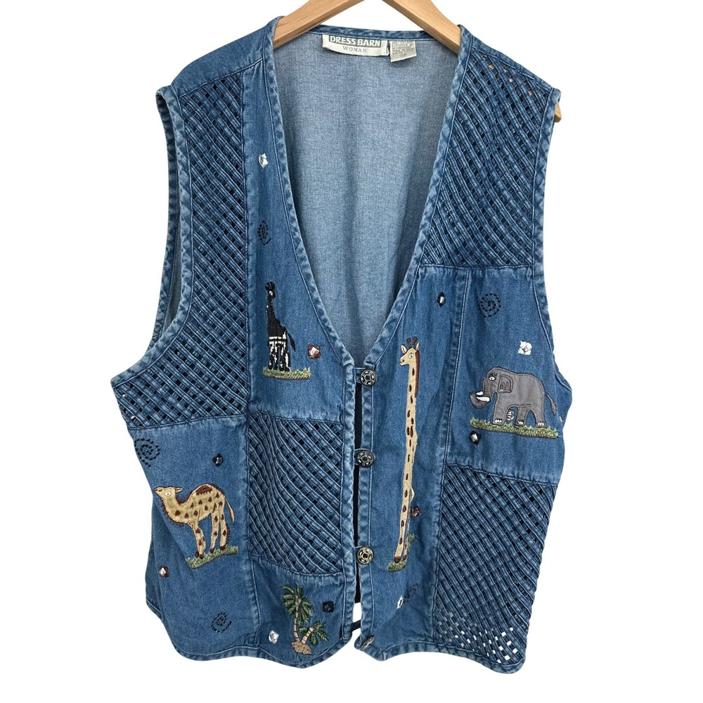 Vintage Dressbarn Giraffe Applique Denim Vest Women 3X Safari Animal Teacher 90s